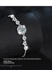 Detailed close-up of S925 sterling silver star and moon bracelet with moissanite accents