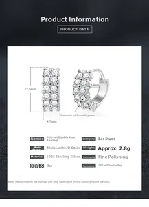 Detailed size specifications for S925 sterling silver double row moissanite earrings