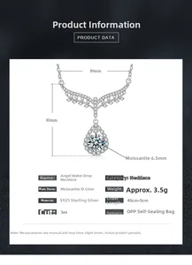 Detailed size chart of S925 sterling silver angel wing necklace with moissanite diamond
