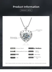 Detail showing S925 silver heart moissanite necklace parameters and 3EX cut quality
