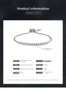 Detail specifications of S925 silver bracelet featuring 13 pieces of 3mm Moissanite diamonds