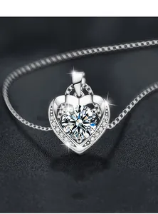 Macro view of S925 silver heart necklace featuring a brilliant round center stone