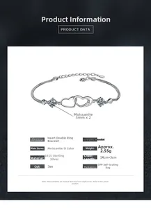Detail specifications for S925 silver heart bracelet with 5mm D color moissanite stones