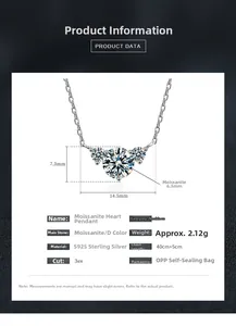 Detailed size chart for S925 sterling silver heart pendant necklace with moissanite stones