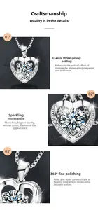 Detailed view of heart moissanite pendant with S925 silver 3-prong setting on box chain