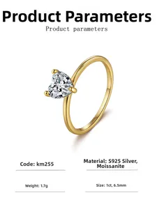 Détails de la bague moissanite 1ct en forme de cœur, argent S925 plaqué or 18 carats