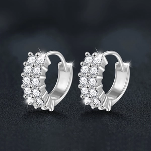 S925 sterling silver hoop earrings with double-row moissanite inlay in silver finish
