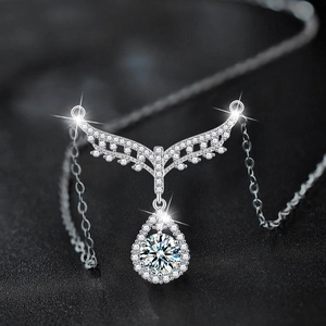 S925 Sterling Silver Angel Wings Necklace with Teardrop Moissanite Pendant for Women