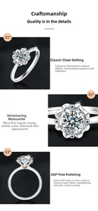 Detail of Moissanite flower ring showing six-prong setting and high polish finish