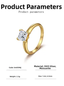 Detail of 1.2ct princess cut moissanite ring with S925 silver 18k gold plating specifications