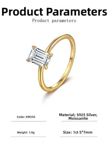 Macro shot of 1ct emerald cut moissanite ring in 18k gold plated s925 silver