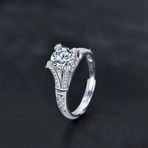 S925 sterling silver open ring with large round moissanite and four-prong setting