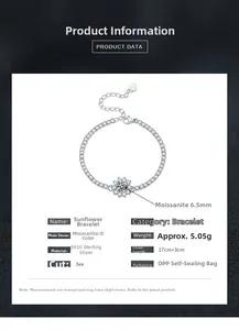 Détail macro du bracelet tournesol en argent S925 avec Moissanite 6,5mm de couleur D