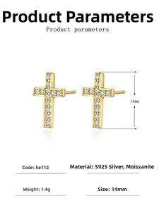 Detail view of 14mm S925 silver cross stud earrings featuring D color moissanite stones