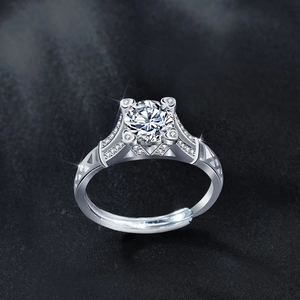 Adjustable S925 sterling silver moissanite ring with a round brilliant cut stone