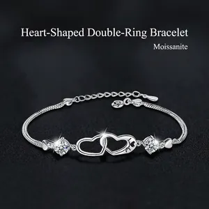 Luxury 925 Sterling Silver Moissanite Double Heart Bracelet Women Elegant Interlocking Hearts Adjustable Snake Chain Jewelry Gift