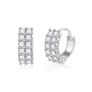 S925 sterling silver hoop earrings with double-row moissanite stones on white background