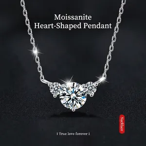 925 Sterling Silver Heart Pendant Necklace For Women 1 Carat Moissanite Three Stone Necklace With GRA Certificate Elegant Jewelry