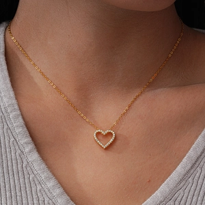 Classic 925 sterling silver heart pendant necklace with 14K gold plating and moissanite stones