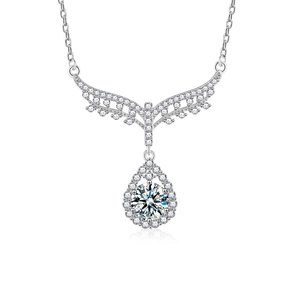 S925 sterling silver angel wings teardrop necklace with moissanite center stone