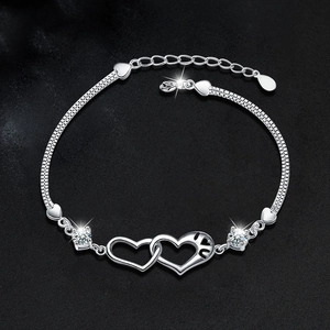 S925 sterling silver double heart interlocking bracelet with moissanite stones