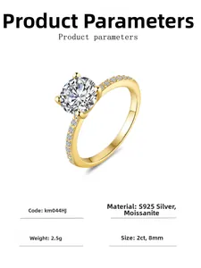 Spécifications de la bague en argent S925 moissanite 2ct avec placage en or 18 carats