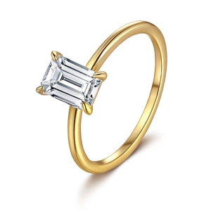 Classic 18k gold plated S925 silver ring with 1ct emerald cut moissanite in four-prong setting