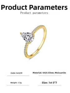 Detailed macro view of pear-cut 1ct moissanite ring with S925 silver gold-plated band