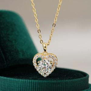 Collier Pendentif Coeur Classique Argent Sterling 925 Plaqué Or 14K Moissanite Zirconia Chaîne de Clavicule Bijoux Femme