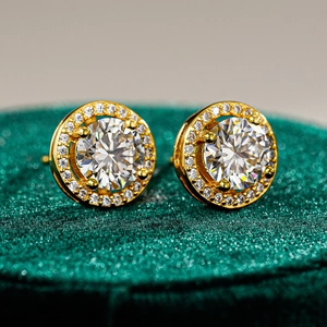 Elegant 925 sterling silver halo stud earrings with round moissanite in gold finish