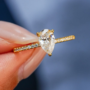 Pear cut moissanite engagement ring in 18K yellow gold plated S925 sterling silver