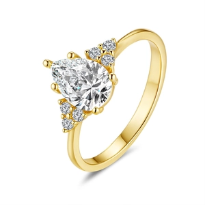 Pear cut moissanite halo ring in 18K gold plated S925 silver shown from a 45-degree angle