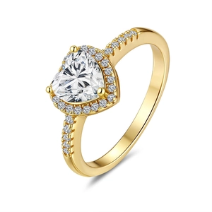Classic 18K gold plated S925 silver heart shaped moissanite ring with halo stones