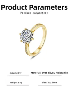 Detail view of 2ct round moissanite ring with six-prong setting on S925 silver band