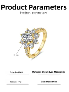 Detail of 6.5mm moissanite sunflower ring in 18K gold plated S925 sterling silver