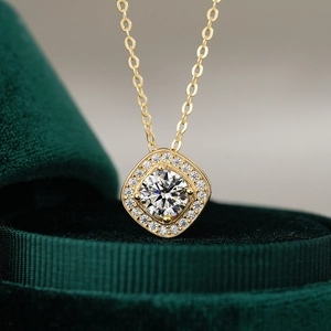 925 Sterling Silver Moissanite Necklace For Women 14K Gold Plated Classic Square Cushion Cut Zirconia Pendant Halo Fine Jewelry Gift