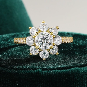 925 Sterling Silver Sunflower Ring 18K Gold Plated Moissanite Zirconia Flower Ring For Women Engagement Wedding Party Jewelry