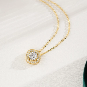 Classic 925 sterling silver 14K gold plated square halo necklace with moissanite pendant