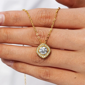 Classic square halo pendant necklace in 14K gold plated 925 silver with moissanite stone