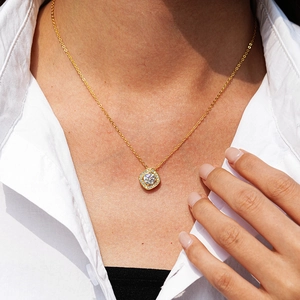 Classic 925 sterling silver moissanite necklace with 14K gold plating and square pendant