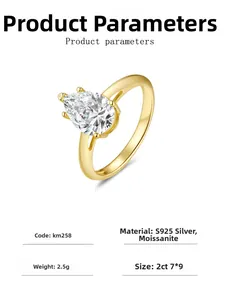 Detail view of pear-cut 2ct moissanite ring with S925 silver gold-plated band specifications