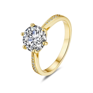 Classic six-prong 18K gold plated ring with a round 2ct moissanite and side accents