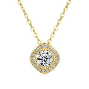 Classic 14K gold plated 925 silver halo necklace with square moissanite pendant
