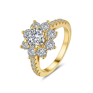 18K gold plated S925 silver sunflower ring with moissanite center stone at 45-degree angle
