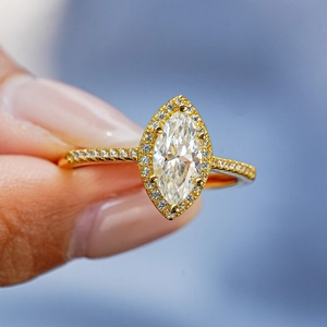 Elegant 18K gold plated S925 silver marquise moissanite halo ring with micro-paved band