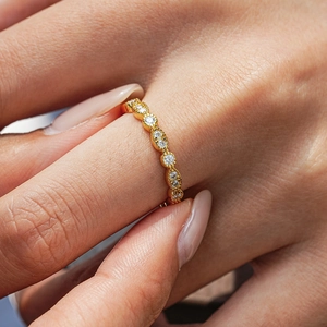 Exquisite 18K gold plated S925 silver eternity ring with marquise and round cut moissanite