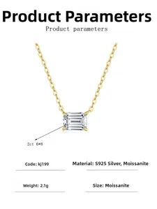 Detail view of 2ct emerald cut moissanite pendant in 14K gold plated S925 silver