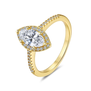 Marquise cut 18K gold plated S925 silver ring with halo and side accents for women