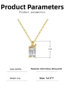 Detailed specifications of the 1ct emerald cut moissanite pendant in 14K gold over silver