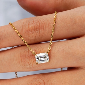 Emerald cut green gemstone pendant with 14K gold plated silver chain shown by model